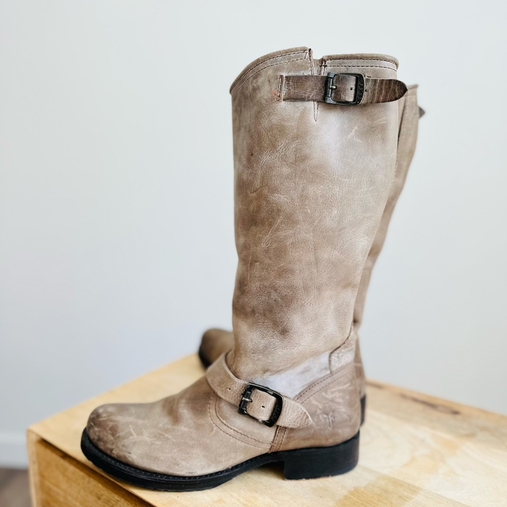 Frye Brown Heeled Boots with Vintage Buckle Straps